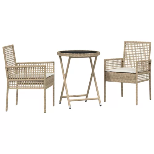  3 darabos Kerti Bistro Szett párnákkal Bézs Poly Rattan
