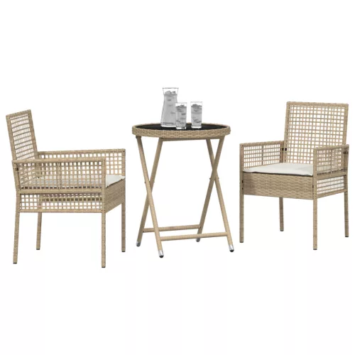  3 darabos Kerti Bistro Szett párnákkal Bézs Poly Rattan