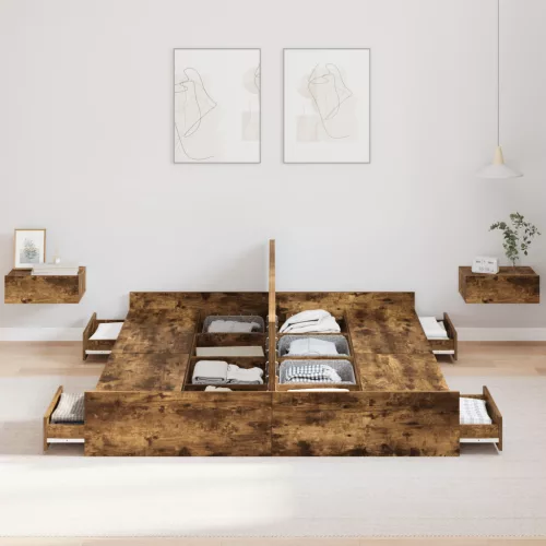  Ágykeret tárolóval fiókkal fejtámlával tárolóval Füstölt tölgy 140 x 190 cm