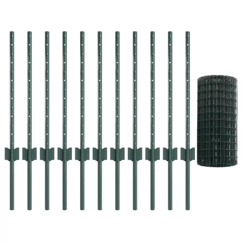  Kerítés oszlopokkal Zöld 0,6 x 25 m Acél és PVC