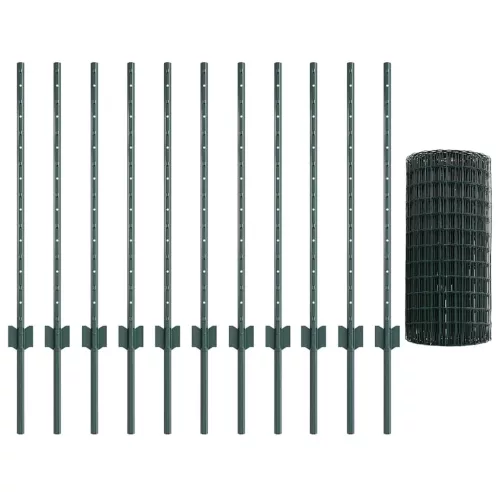  Kerítés oszlopokkal Zöld 0,8 x 25 m Acél és PVC