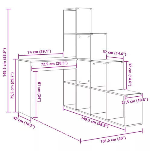  Sarokíróasztal polcokkal tárolóval Régi fa 101,5 x 149,5 x 149,5 cm