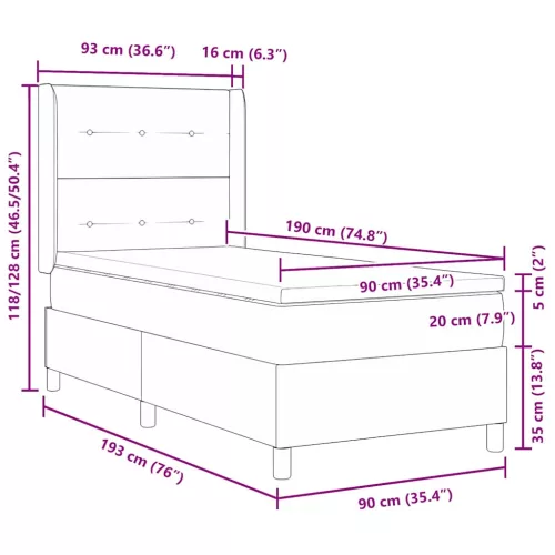 Boxrugós ágy matracmal Sötétszürke 90 x 190 cm Bársony