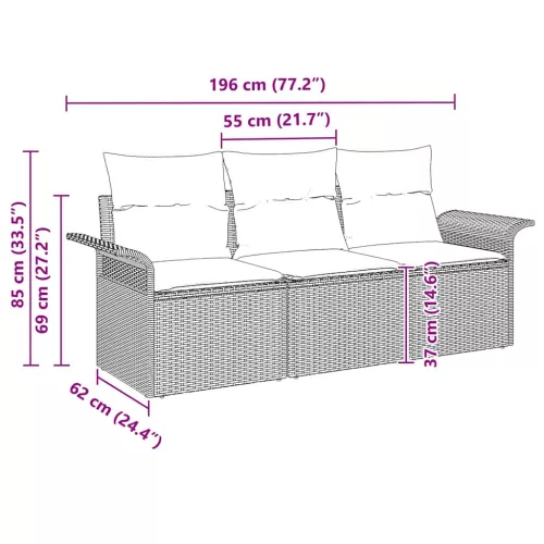  Kerti Kanapé Szett 3 pcs Szürke 196 x 62 x 85cm polirattan