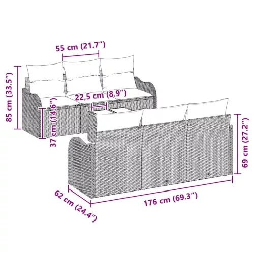  Kerti Kanapé Szett 7 pcs Szürke 55 x 55 x 37 cm Poli rattan