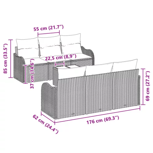  7 darabos Kerti Kanapé szett párnákkal Bézs Polirattan