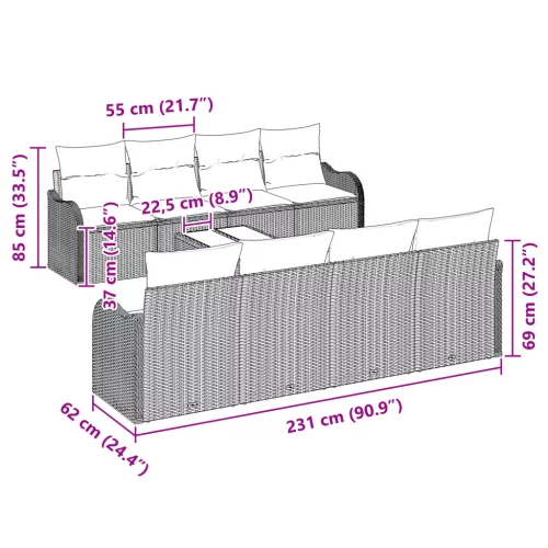  9 darabos kerti kanapé szett párnákkal barna poli rattan