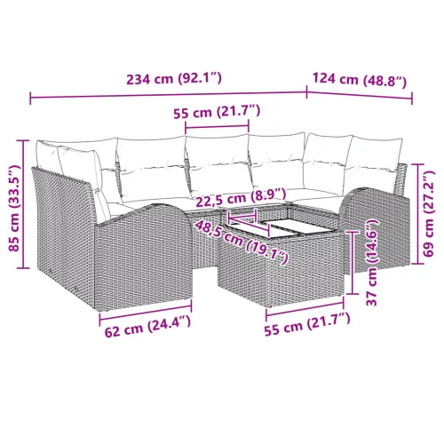  7 darabos kerti kanapé szett párnákkal fekete poli rattan