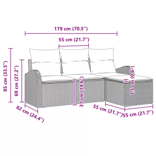  4 Részes Kerti Kanapé Szett Párnákkal Fekete Poli Rattan