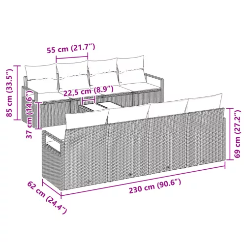  9 darabos kerti kanapé szett párnákkal Bézs Poli Rattan