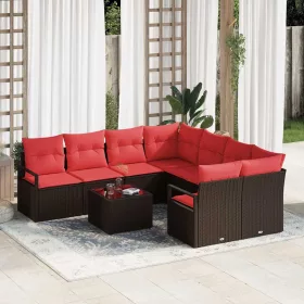  Kanapé Szett párnával 9 pcs Barna és Piros polirattan