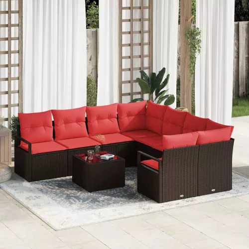  Kanapé Szett párnával 9 pcs Barna és Piros polirattan