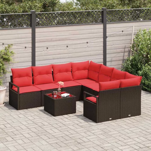  Kanapé Szett párnával 9 pcs Barna és Piros polirattan