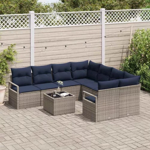  Kanapé Szett párnával 9 pcs Szürke és Tengerész Kék polirattan