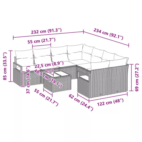  Kanapé Szett párnával 9 pcs Szürke és Tengerész Kék polirattan