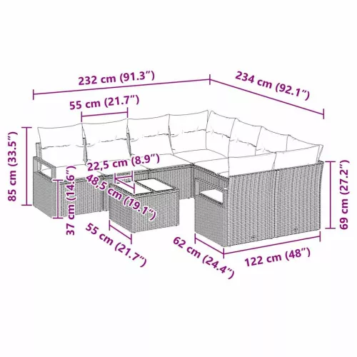  Kanapé Szett párnával 9 pcs Fekete és Türkiz polirattan