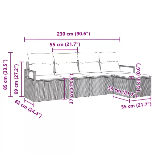  5 darabos kerti kanapé szett párnákkal, Barna poli rattan
