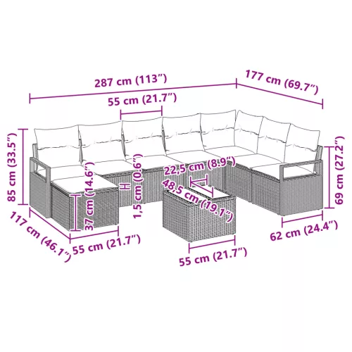  9 részes kerti kanapé szett párnákkal fekete poli rattannal
