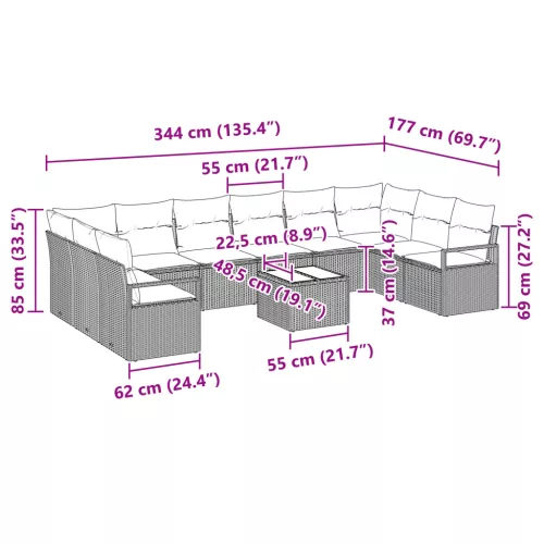  10 darabos kerti kanapé szett párnákkal, fekete poli rattan
