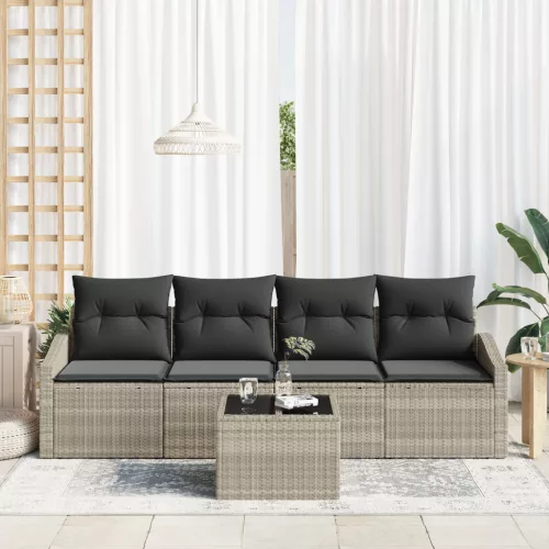  5 darabos Kerti Kanapé Szett Párnákkal Világosszürke Poli Rattan