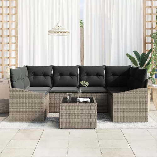  7 darabos kerti kanapé szett párnákkal szürke poli rattan