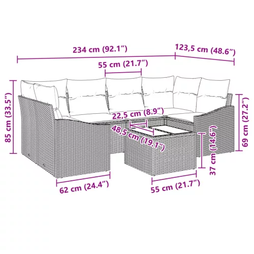  7 darabos kerti kanapé szett párnákkal szürke poli rattan