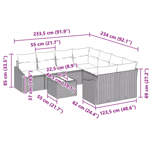  9 darabos Kerti Kanapé Szett párnákkal Világosszürke Polirattan
