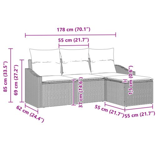  4 darabos Kerti Kanapé Szett Párnákkal Szürke Poli Rattan
