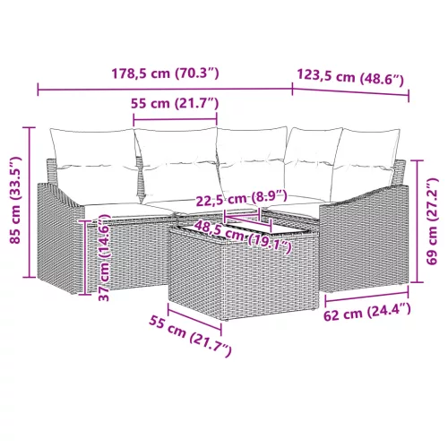  4 részes Kert Bútor Szett Párnákkal Barna Poli Rattan