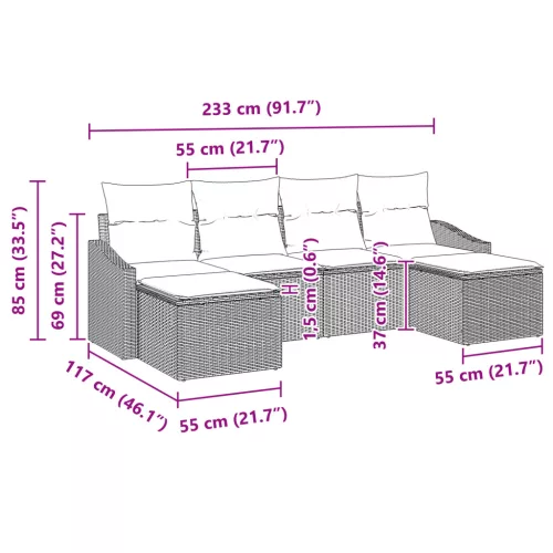  6 Darabos Kerti Kanapé Szett Párnákkal Szürke Poli Rattan