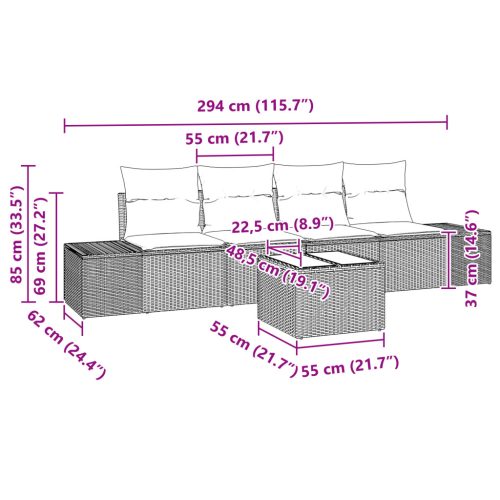  5 darabos kerti kanapé szett párnákkal fekete poli rattán