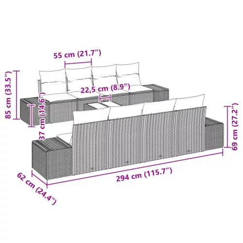  Kanapé 6 pcs Fekete 294 x 62 x 69 cm polirattan
