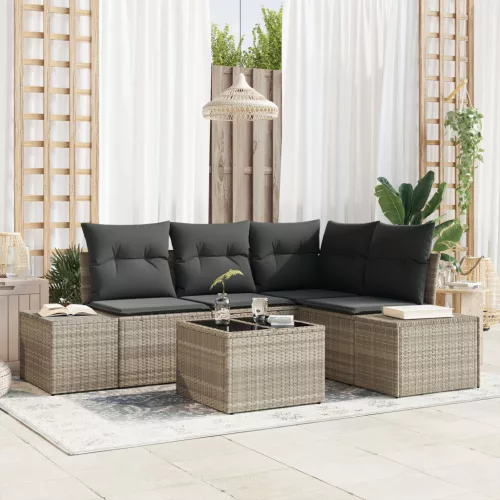  5 darabos kerti sofa szett párnákkal, szürke polirattan