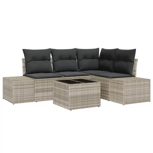  5 darabos kerti sofa szett párnákkal, szürke polirattan