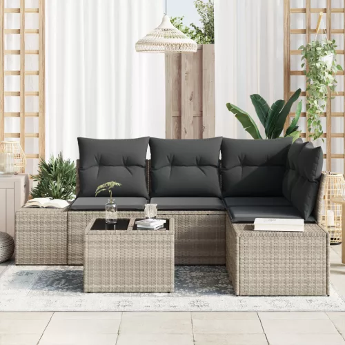  5 darabos kerti sofa szett párnákkal, szürke polirattan
