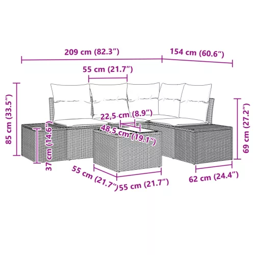 5 darabos kerti sofa szett párnákkal, szürke polirattan