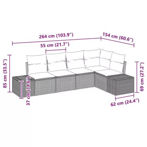  Kerti Kanapé Szett párnával 5 pcs Barna polirattan