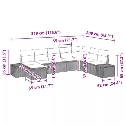  Kerti Kanapé Szett párnával 8 pcs Barna polirattan