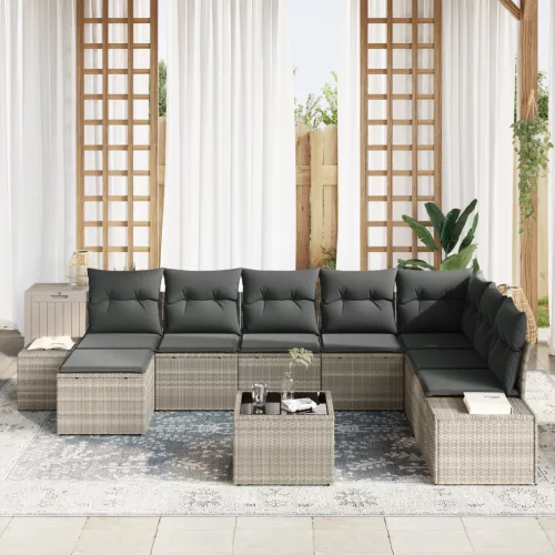  9 részes kerti bútor szett párnákkal, szürke poli rattan