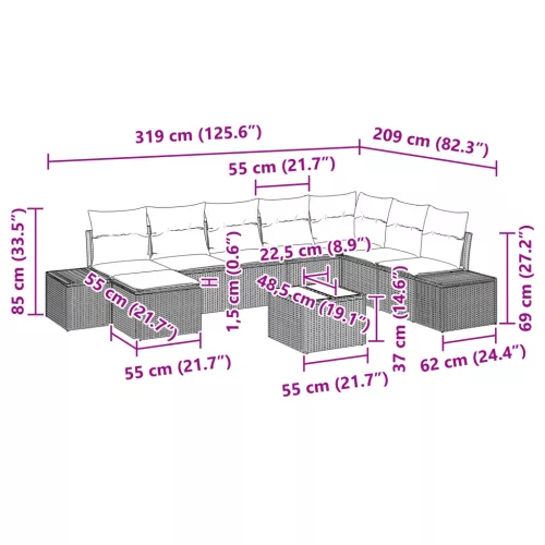  9 részes kerti bútor szett párnákkal, szürke poli rattan
