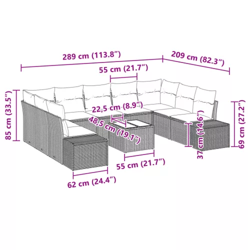  10 részes kerti kanapé szett fekete poly rattan párnákkal