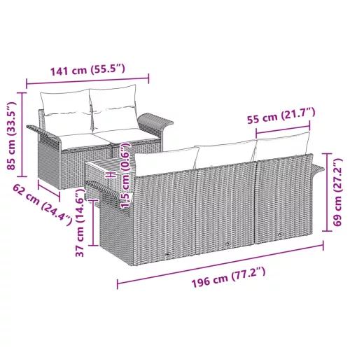  Kerti Kanapé Szett párnával 6 pcs Szürke polirattan