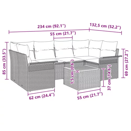  Kerti Kanapé Szett párnával 7 pcs Szürke polirattan