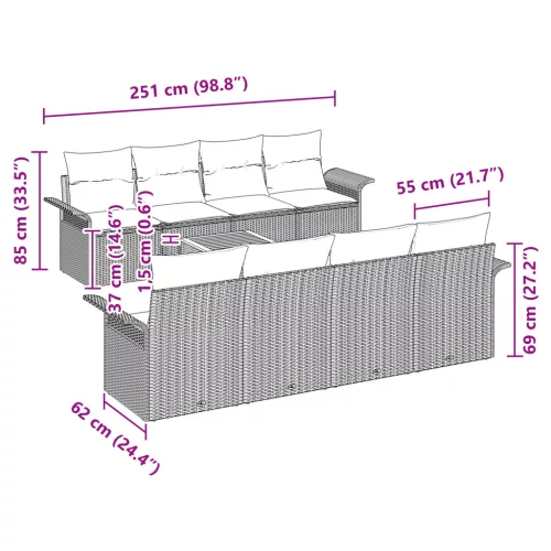 9 Részes Kerti Kanapé Szett Párnákkal Szürke Polirattan Akác