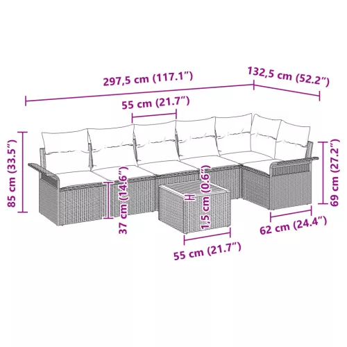  7 Darabos Kerti Kanapé Szett Párnákkal Bézs Poli Rattan Akácia
