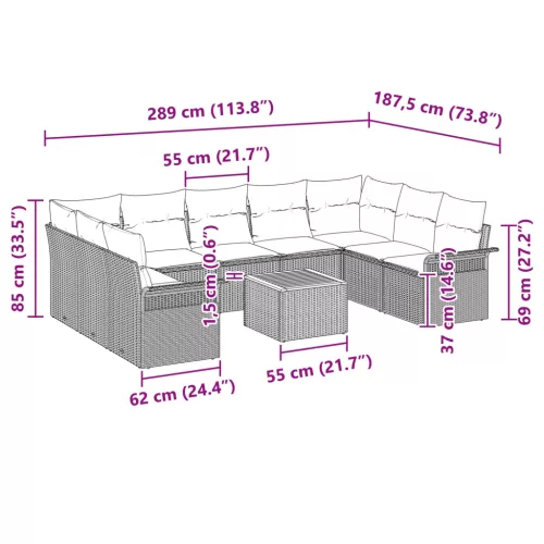  Kerti Kanapé Szett párnával 10 pcs Szürke polirattan
