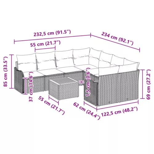  9 részes kert szófa szett párnákkal Szürke Poli rattan Akácia