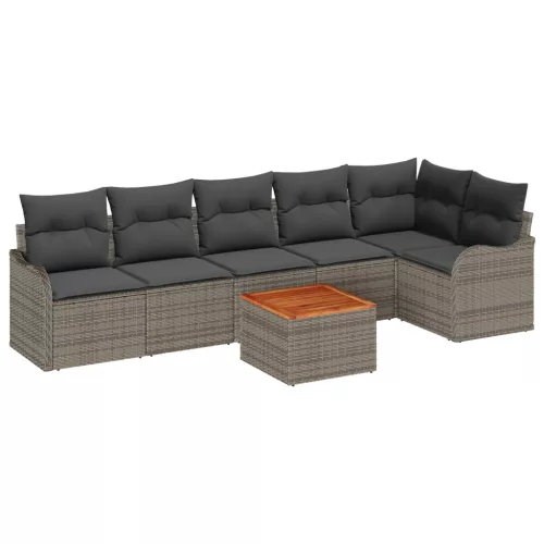  7 Darabos Kert Kanapé Szett Párnákkal Szürke Poli Rattan Akácia