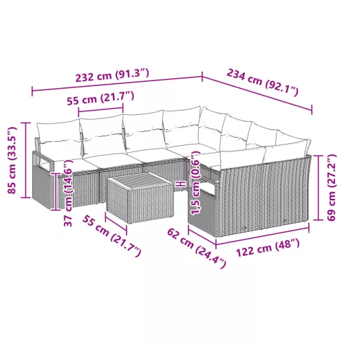  9 darabos Kerti Kanapé Szett Párnákkal, Fekete Poli Rattan Akác