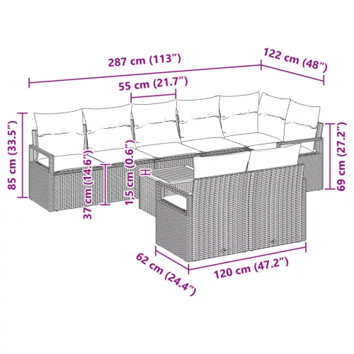  9 Darabos Kerti Kanapészett Párnákkal Fekete Polirattan Akác